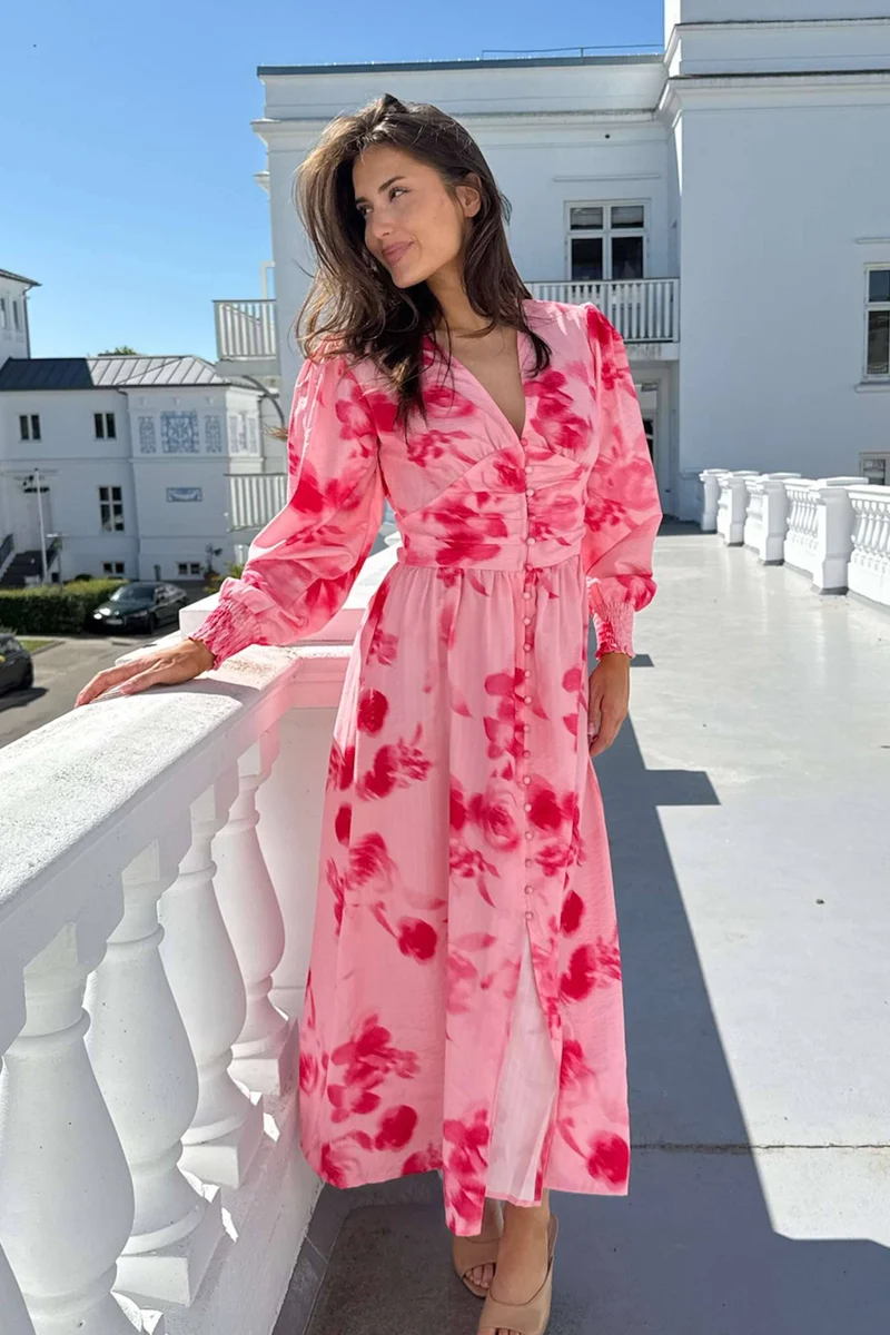 BYIC - Adelic Long Dress - apfp Abstract Pink Flower Print