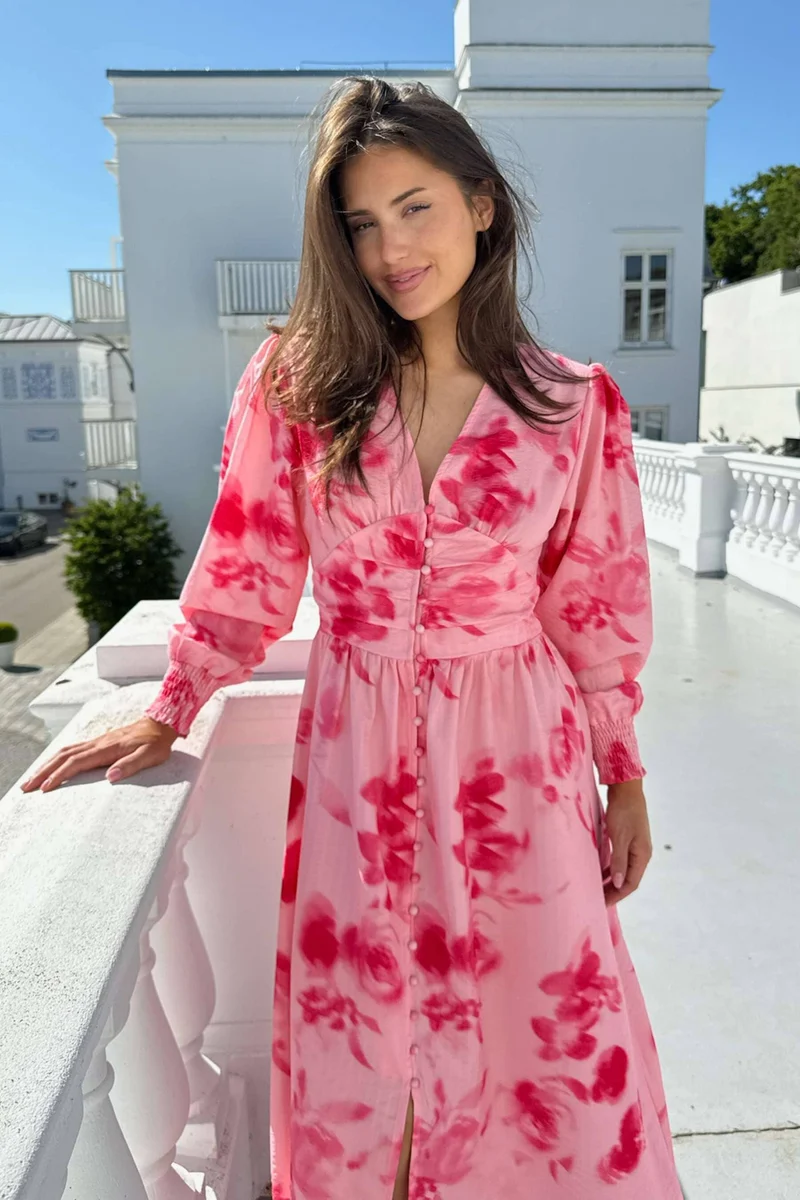 BYIC - Adelic Long Dress - apfp Abstract Pink Flower Print