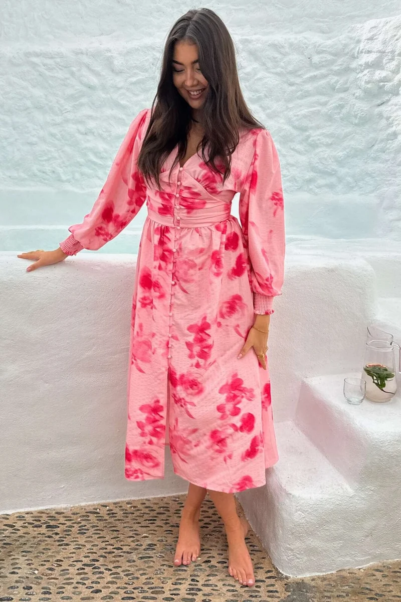 BYIC - Adelic Long Dress - apfp Abstract Pink Flower Print