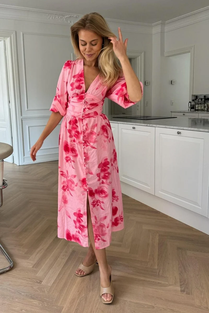 BYIC - Adelic Long Dress - apfp Abstract Pink Flower Print
