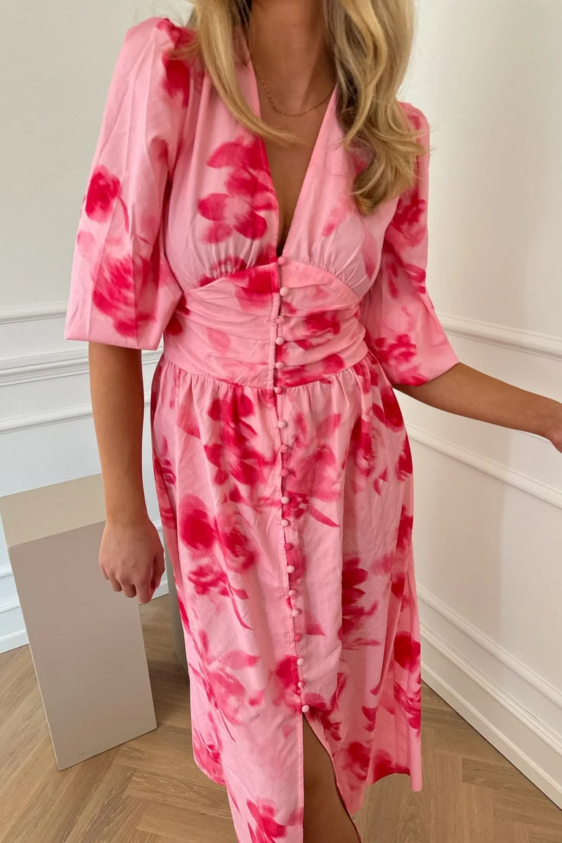 BYIC - Adelic Long Dress - apfp Abstract Pink Flower Print