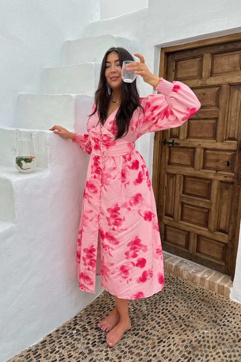 BYIC - Adelic Long Dress - apfp Abstract Pink Flower Print