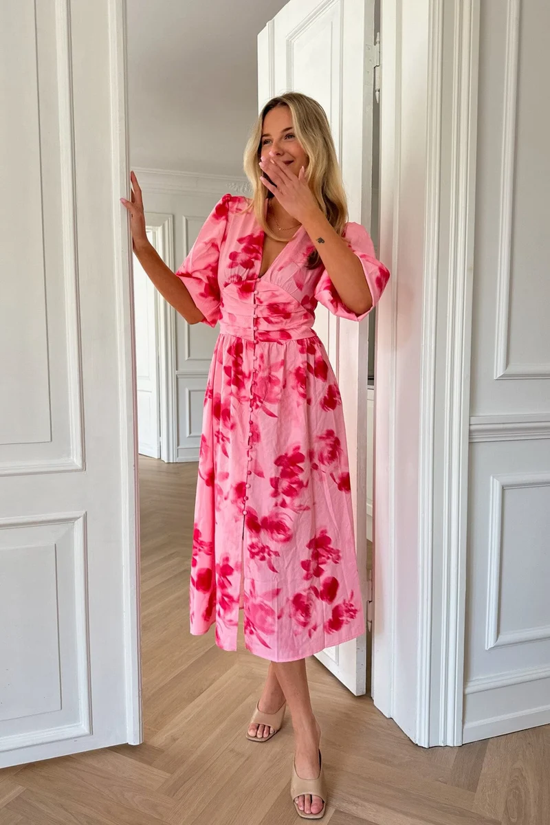 BYIC - Adelic Long Dress - apfp Abstract Pink Flower Print