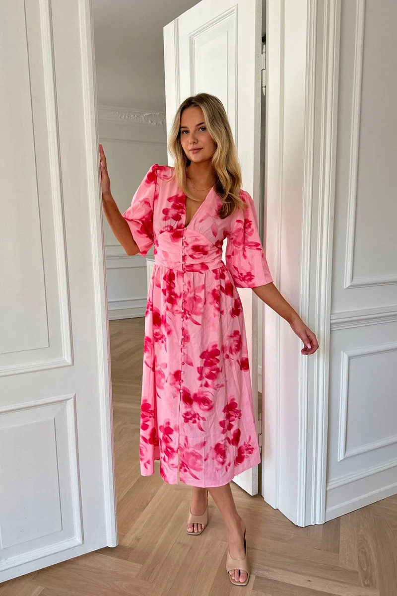 BYIC - Adelic Long Dress - apfp Abstract Pink Flower Print