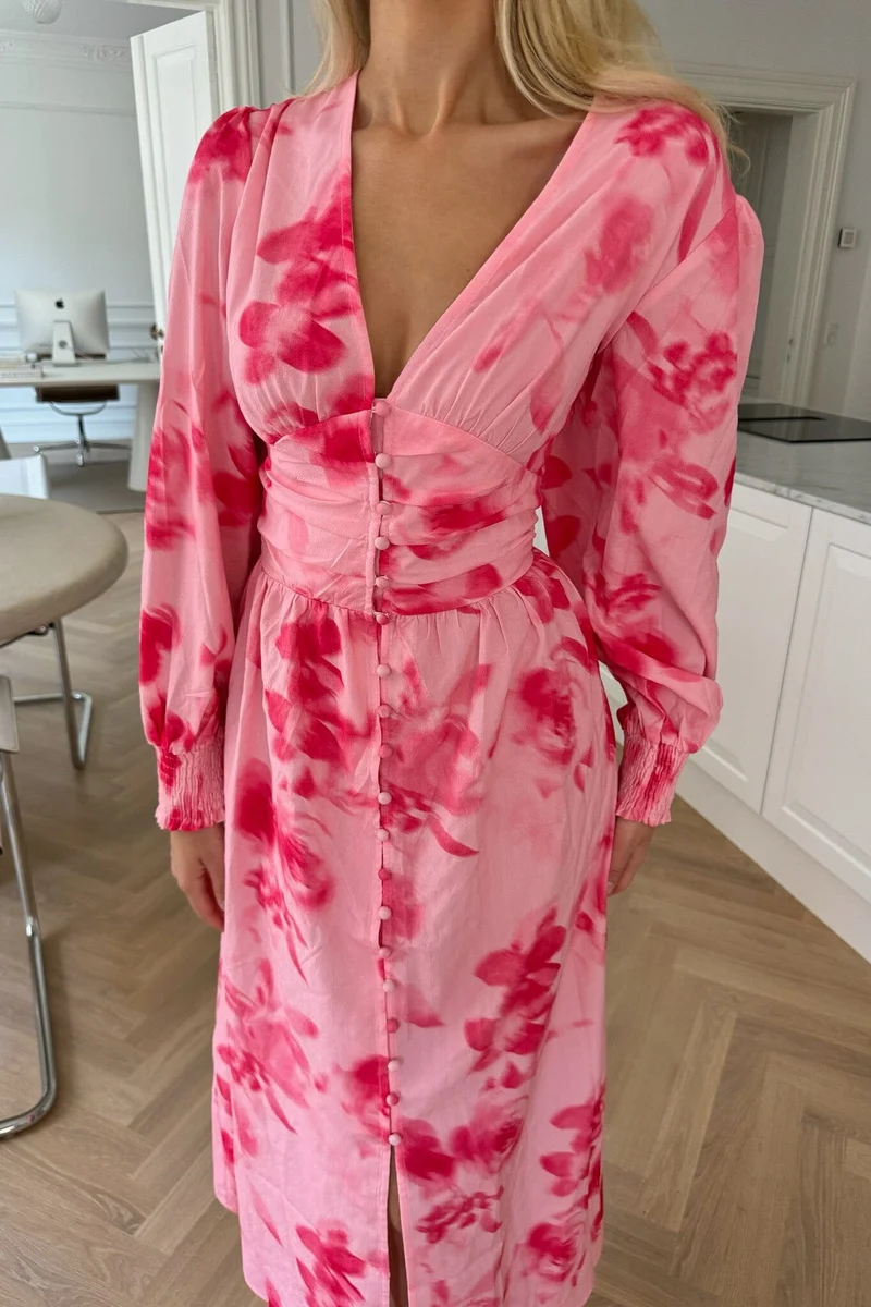 BYIC - Adelic Long Dress - apfp Abstract Pink Flower Print