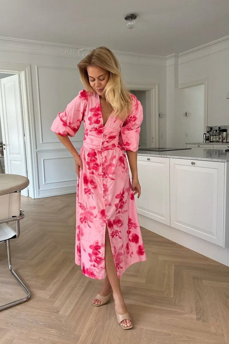 BYIC - Adelic Long Dress - apfp Abstract Pink Flower Print