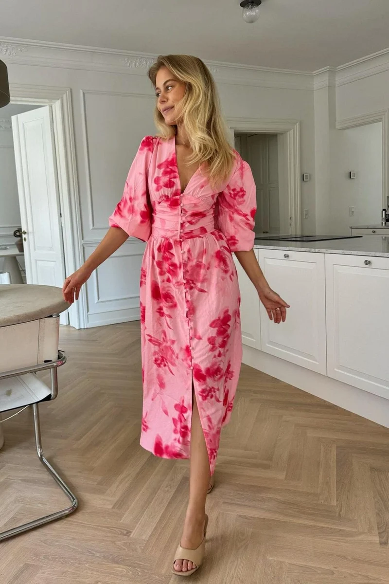 BYIC - Adelic Long Dress - apfp Abstract Pink Flower Print