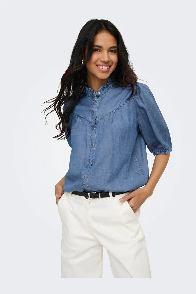 Only - Onlcharis Life 2/4 Frill Shirt Cc - 4910874 Medium Blue Denim