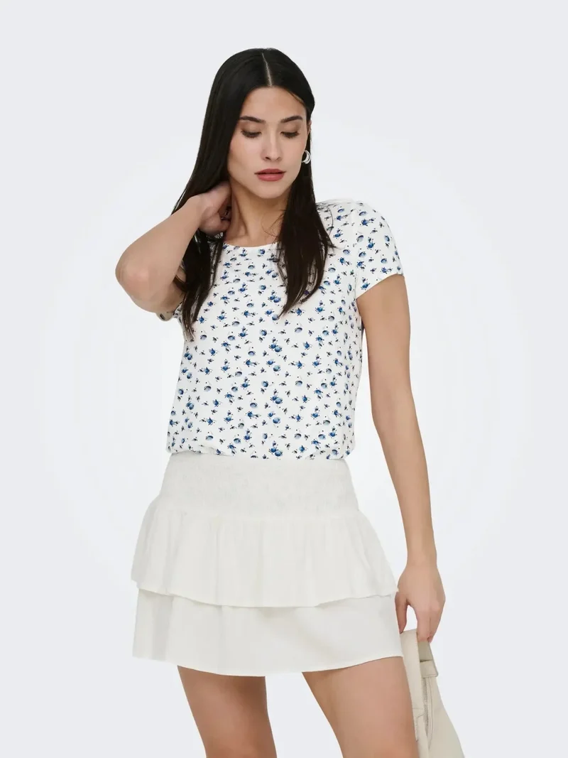 Only - Onlbera Back Lace Up S/S Top - 4967491 Cloud Dancer Tania Blue Flower