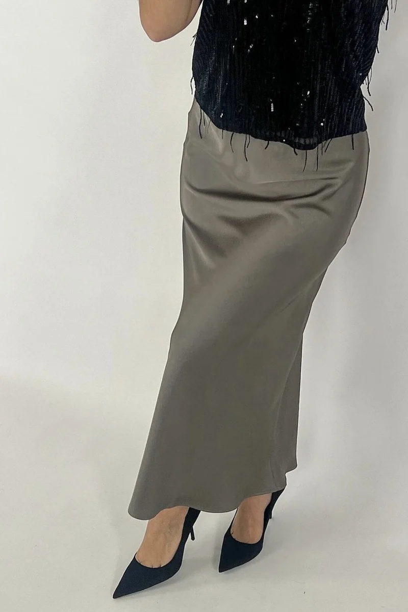 Neo Noir - Vicky Heavy Sateen Skirt - Warm Grey