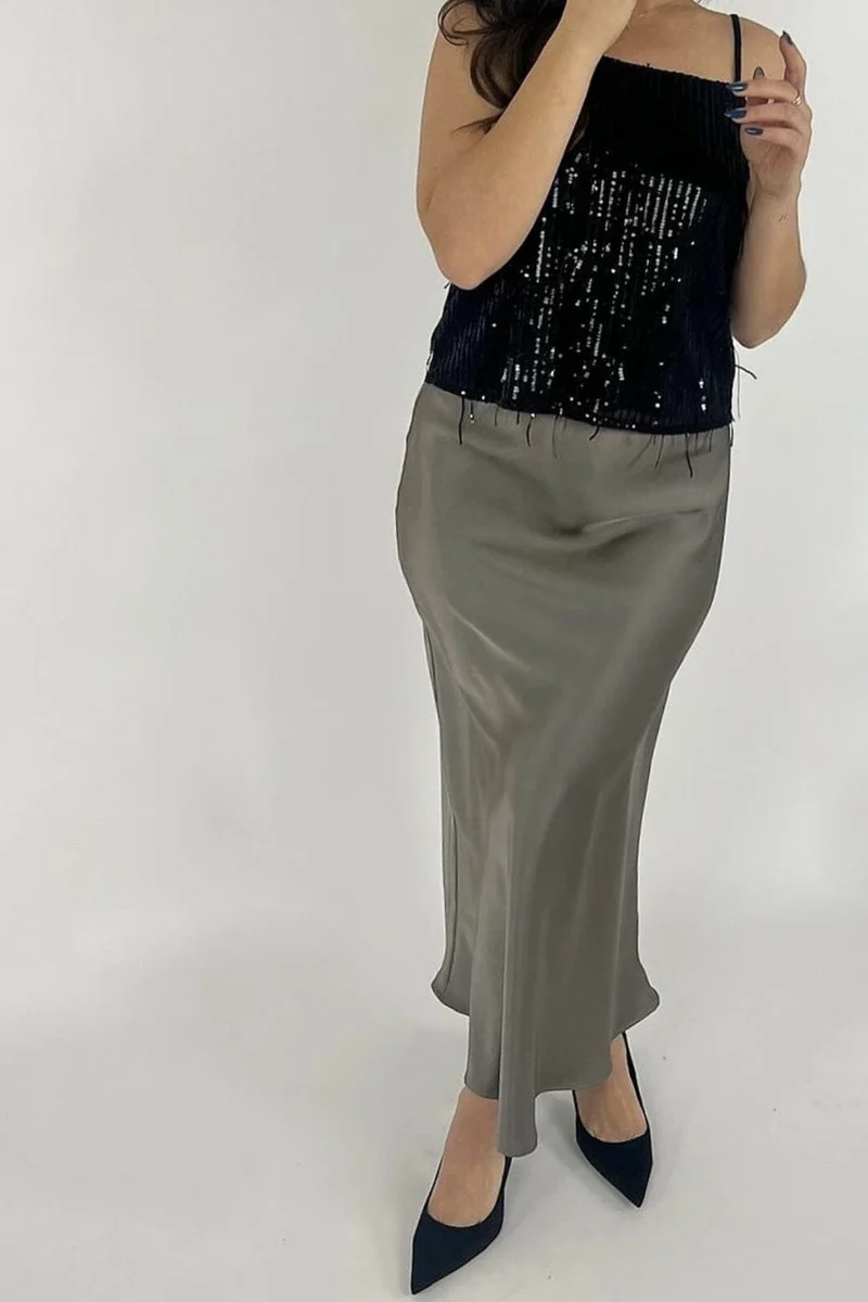 Neo Noir - Vicky Heavy Sateen Skirt - Warm Grey