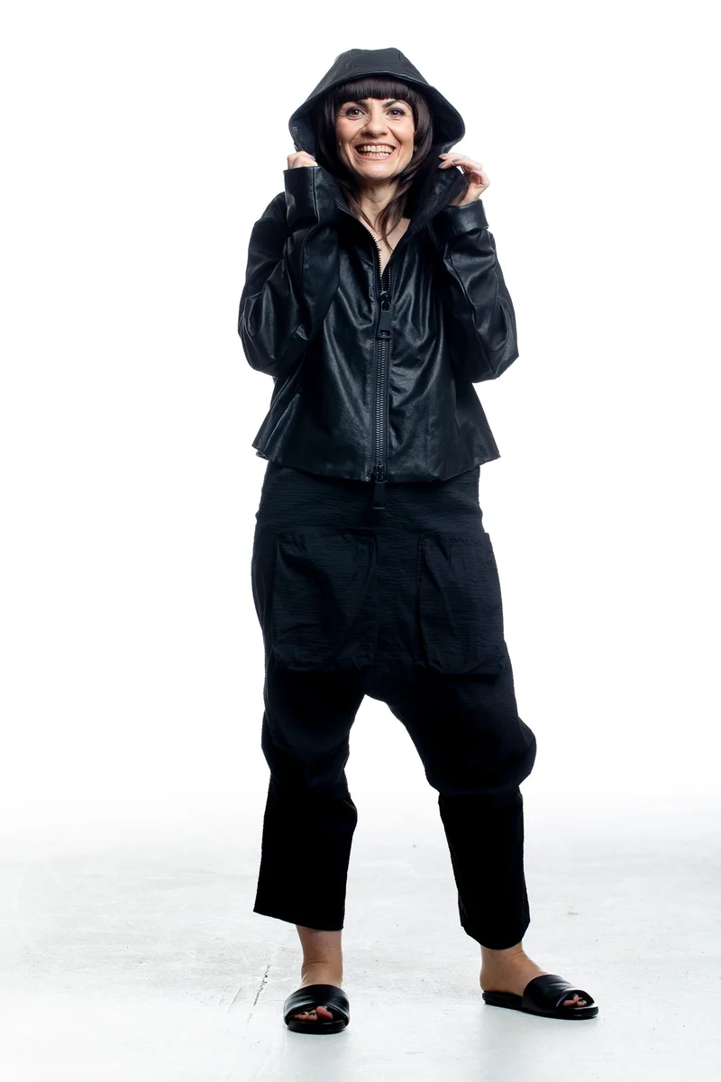 Rundholz Damen Lederjacke mit Kapuze in Schwarz