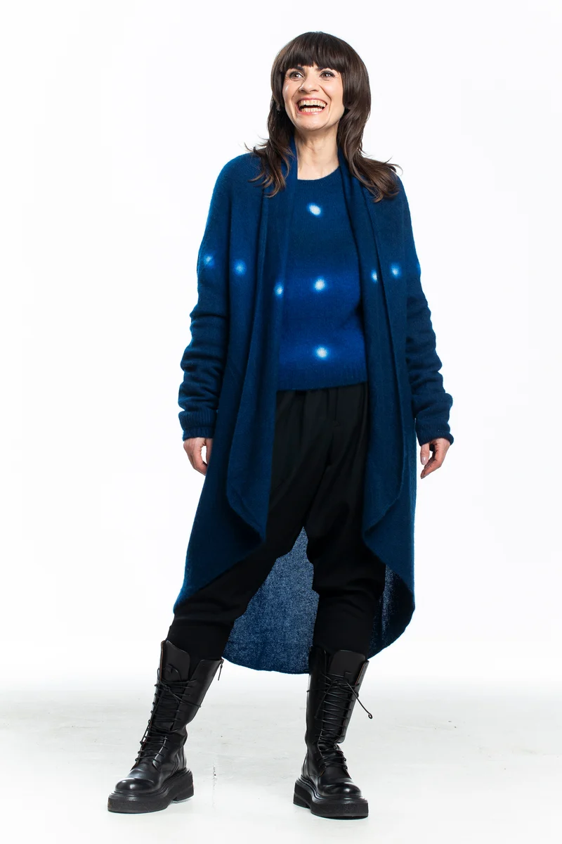 Suzusan Damen Kaschmir Cardigan mit Punkten blau