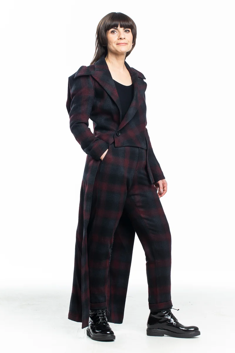 Yohji Yamamoto Damen Avantgarde Gehrock Karo bordeaux-grau