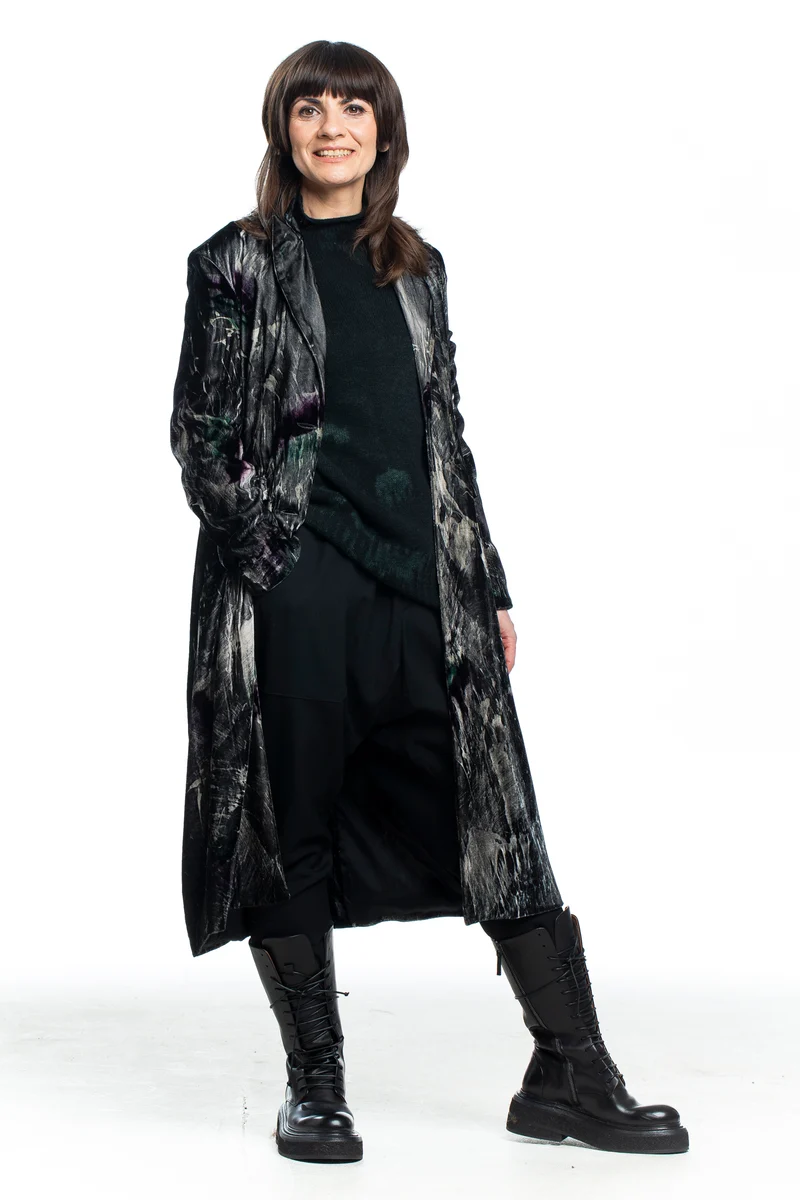 AVANT TOI Damen Samt Mantel schwarz mit Graffiti Print