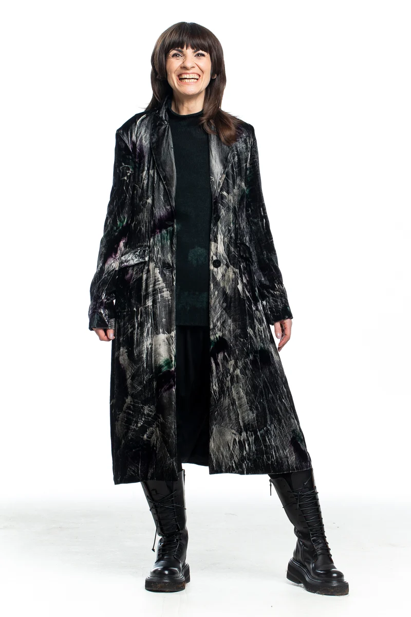 AVANT TOI Damen Samt Mantel schwarz mit Graffiti Print