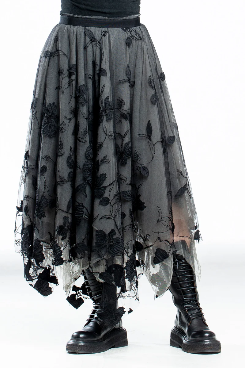 Marc Le Bihan Damen Spitzenrock Midi grau schwarz mit floralem Muster