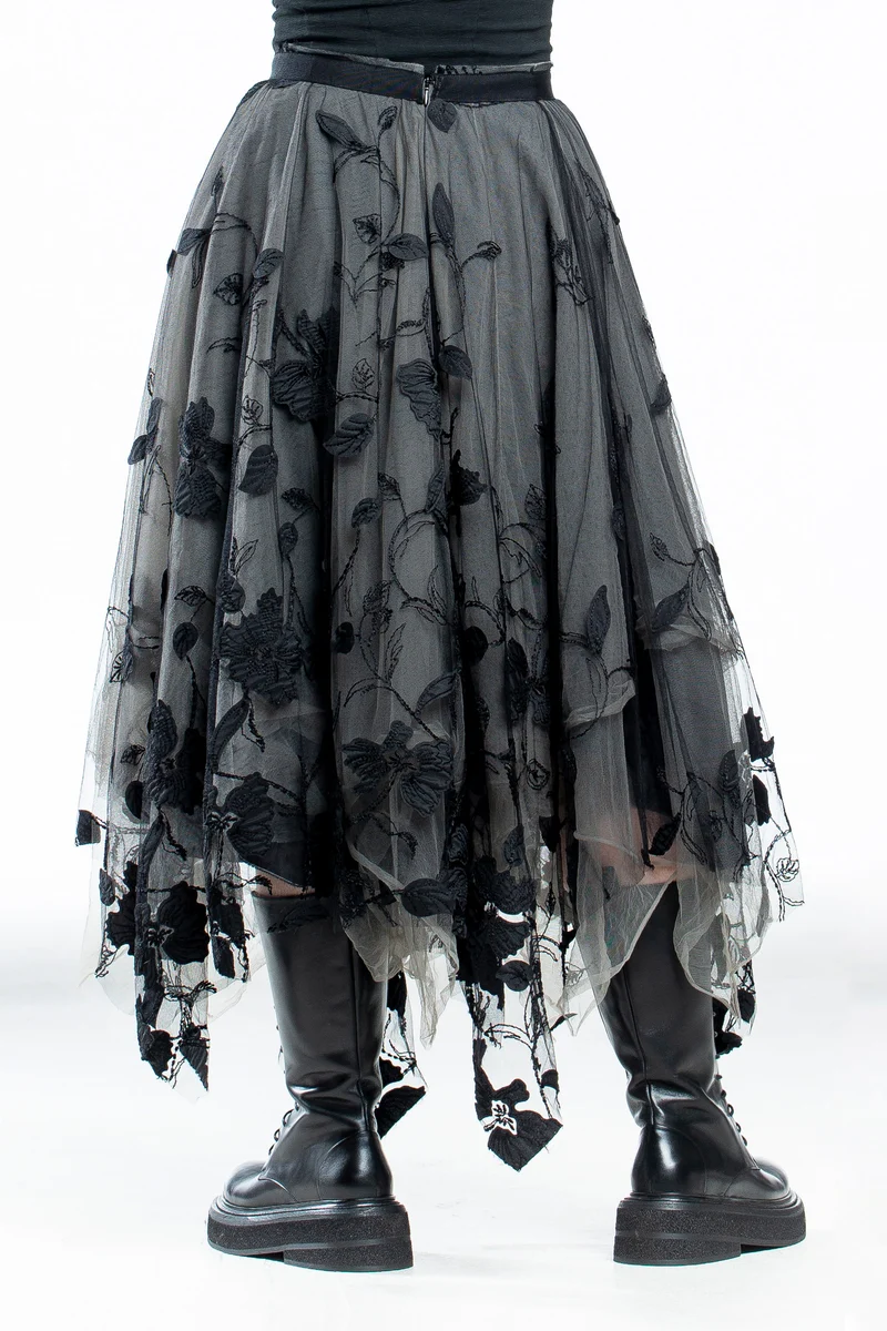 Marc Le Bihan Damen Spitzenrock Midi grau schwarz mit floralem Muster
