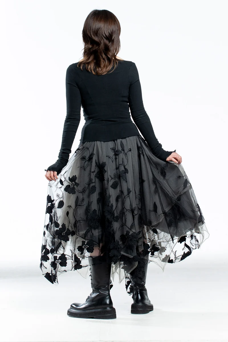 Marc Le Bihan Damen Spitzenrock Midi grau schwarz mit floralem Muster