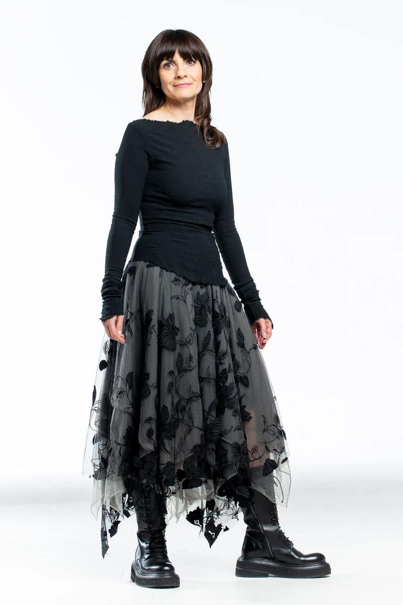 Marc Le Bihan Damen Spitzenrock Midi grau schwarz mit floralem Muster