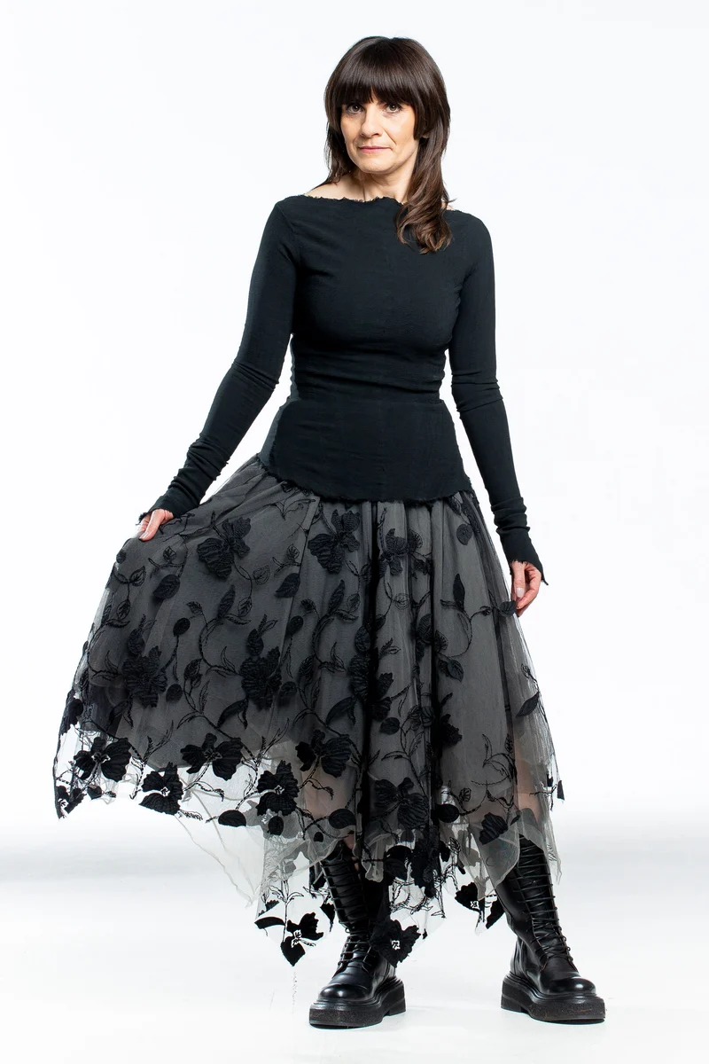 Marc Le Bihan Damen Spitzenrock Midi grau schwarz mit floralem Muster