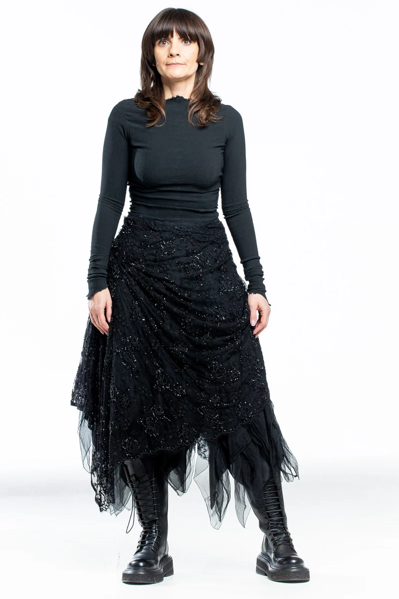 Marc Le Bihan Damen Midi Rock mit Spitze und Perlen asymmetrisch schwarz