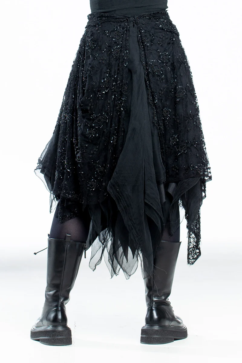 Marc Le Bihan Damen Midi Rock mit Spitze und Perlen asymmetrisch schwarz