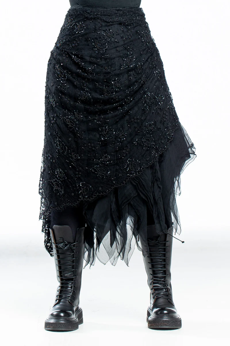 Marc Le Bihan Damen Midi Rock mit Spitze und Perlen asymmetrisch schwarz