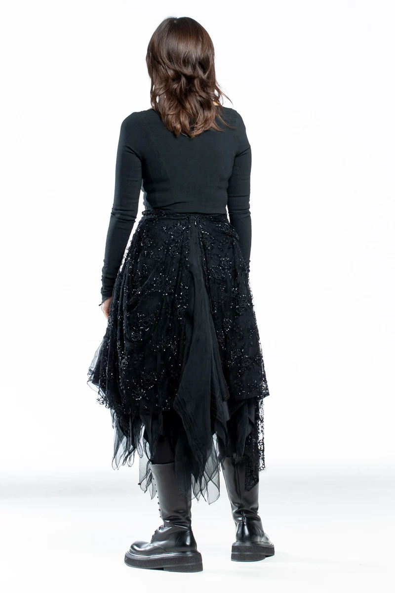 Marc Le Bihan Damen Midi Rock mit Spitze und Perlen asymmetrisch schwarz