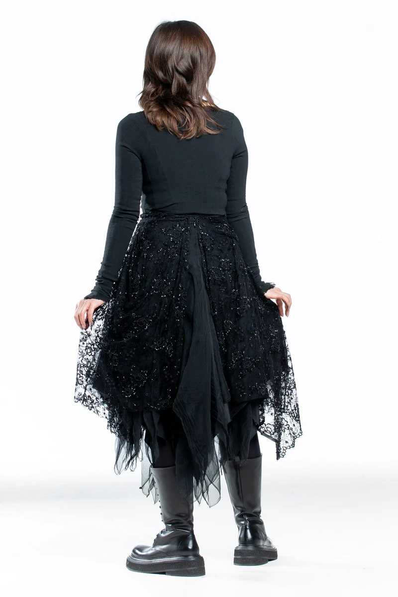Marc Le Bihan Damen Midi Rock mit Spitze und Perlen asymmetrisch schwarz