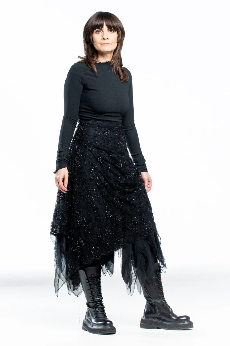 Marc Le Bihan Damen Midi Rock mit Spitze und Perlen asymmetrisch schwarz
