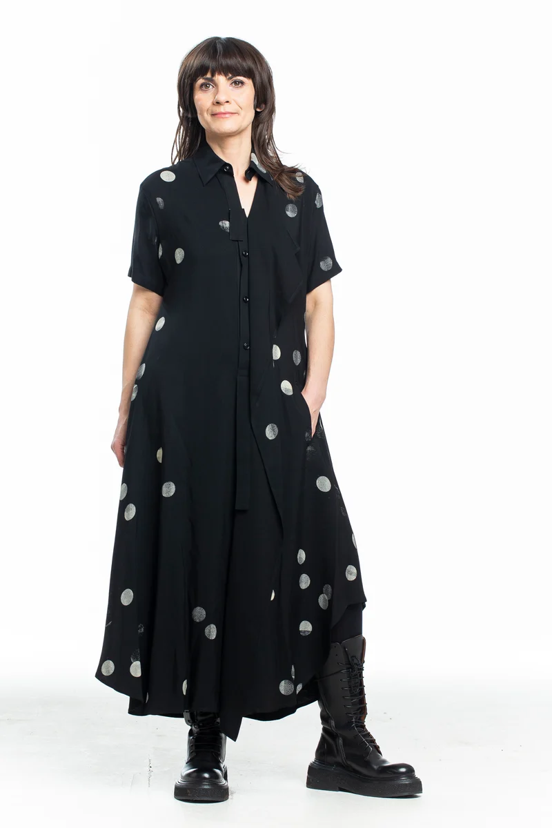 Y's Yohji Yamamoto Damen Hemd-Kleid lang schwarz mit weißen Tupfen