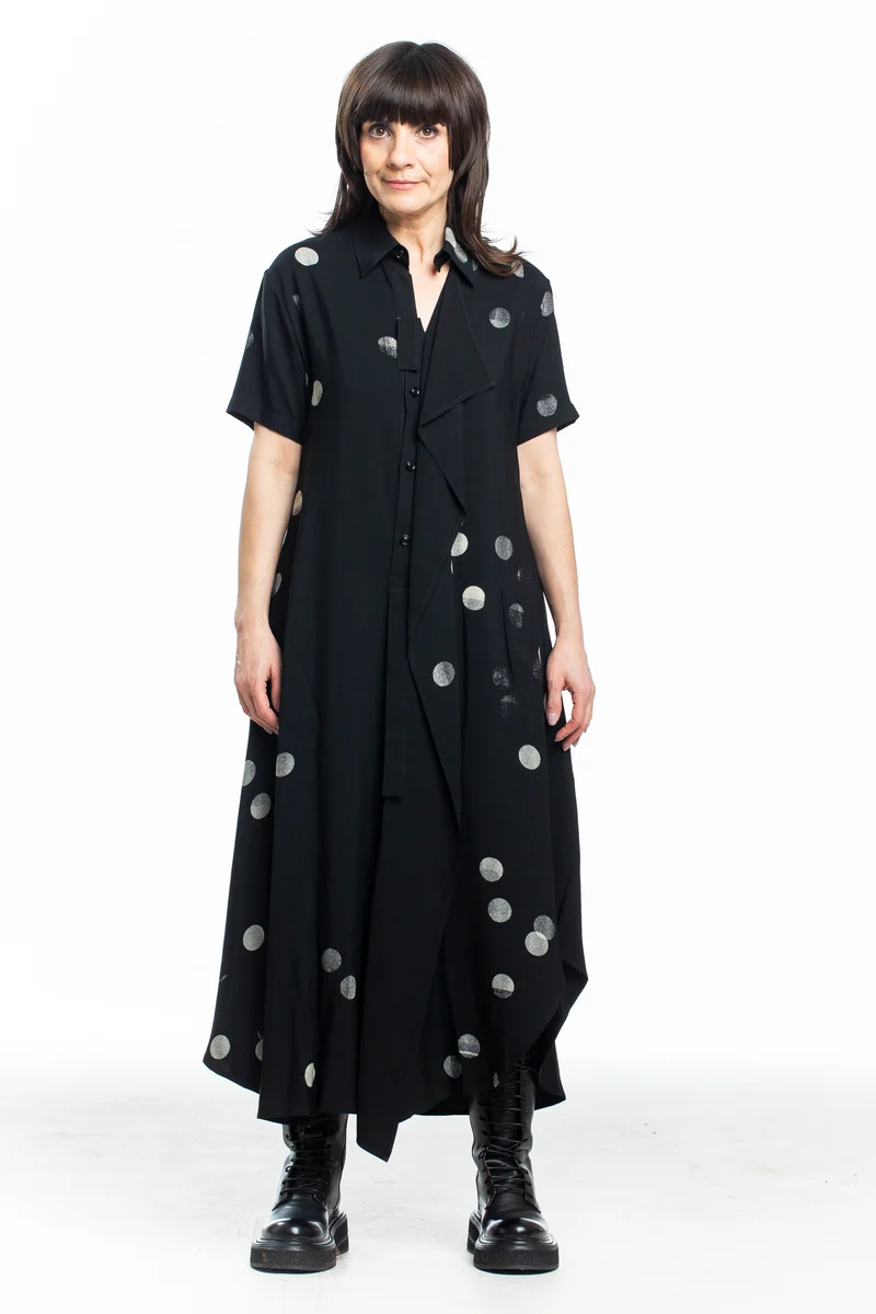 Y's Yohji Yamamoto Damen Hemd-Kleid lang schwarz mit weißen Tupfen