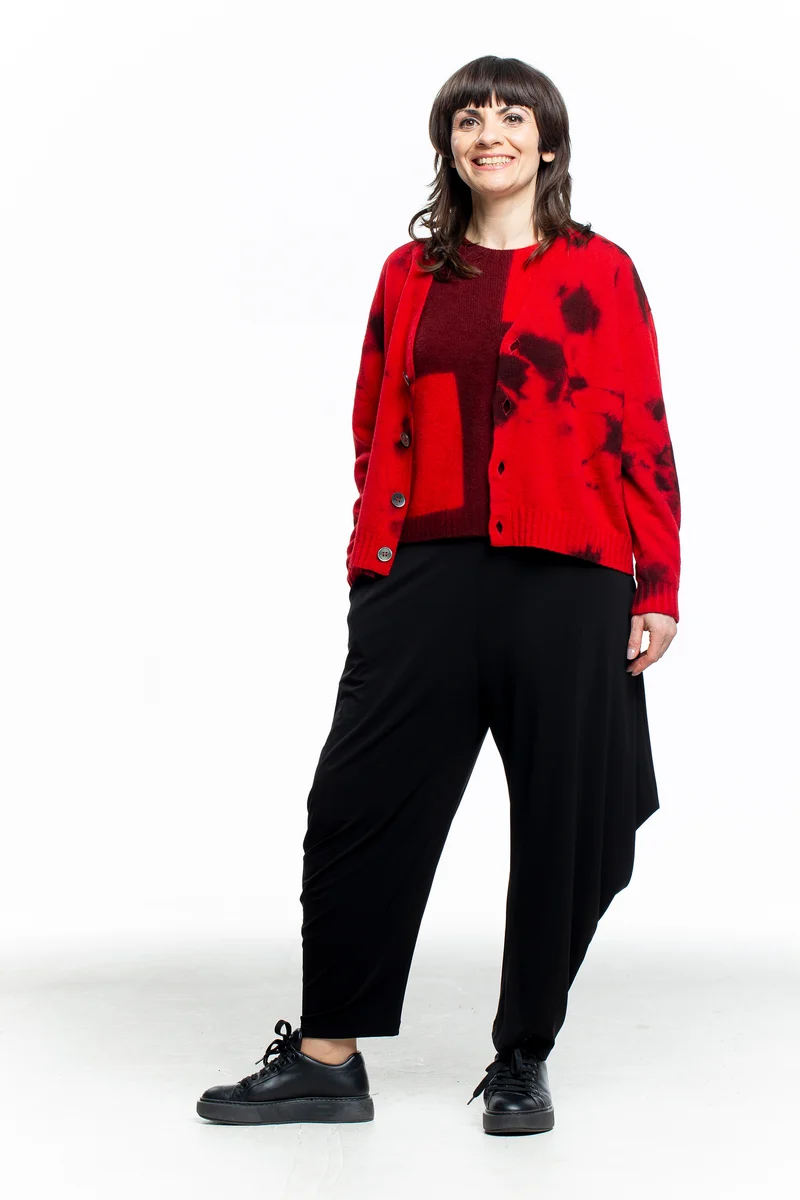 Suzusan Damen Kaschmir Strickjacke mit Print rot schwarz