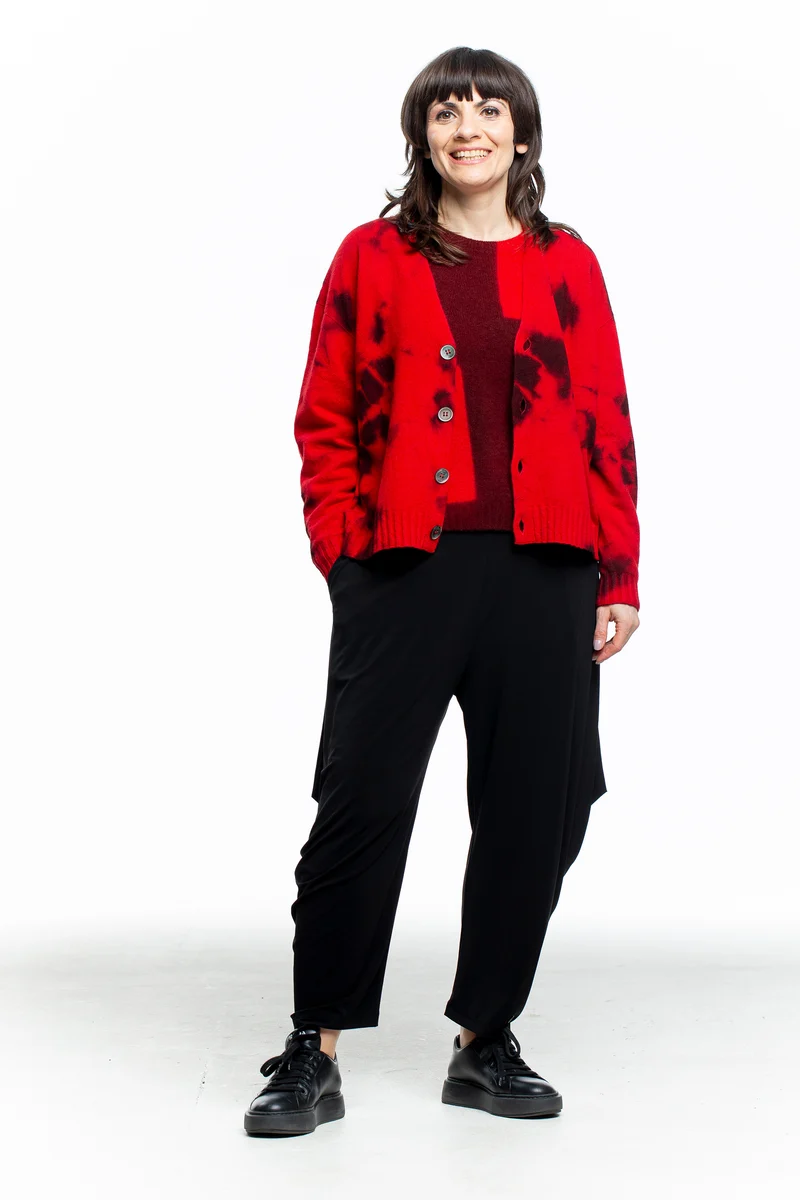 Suzusan Damen Kaschmir Strickjacke mit Print rot schwarz