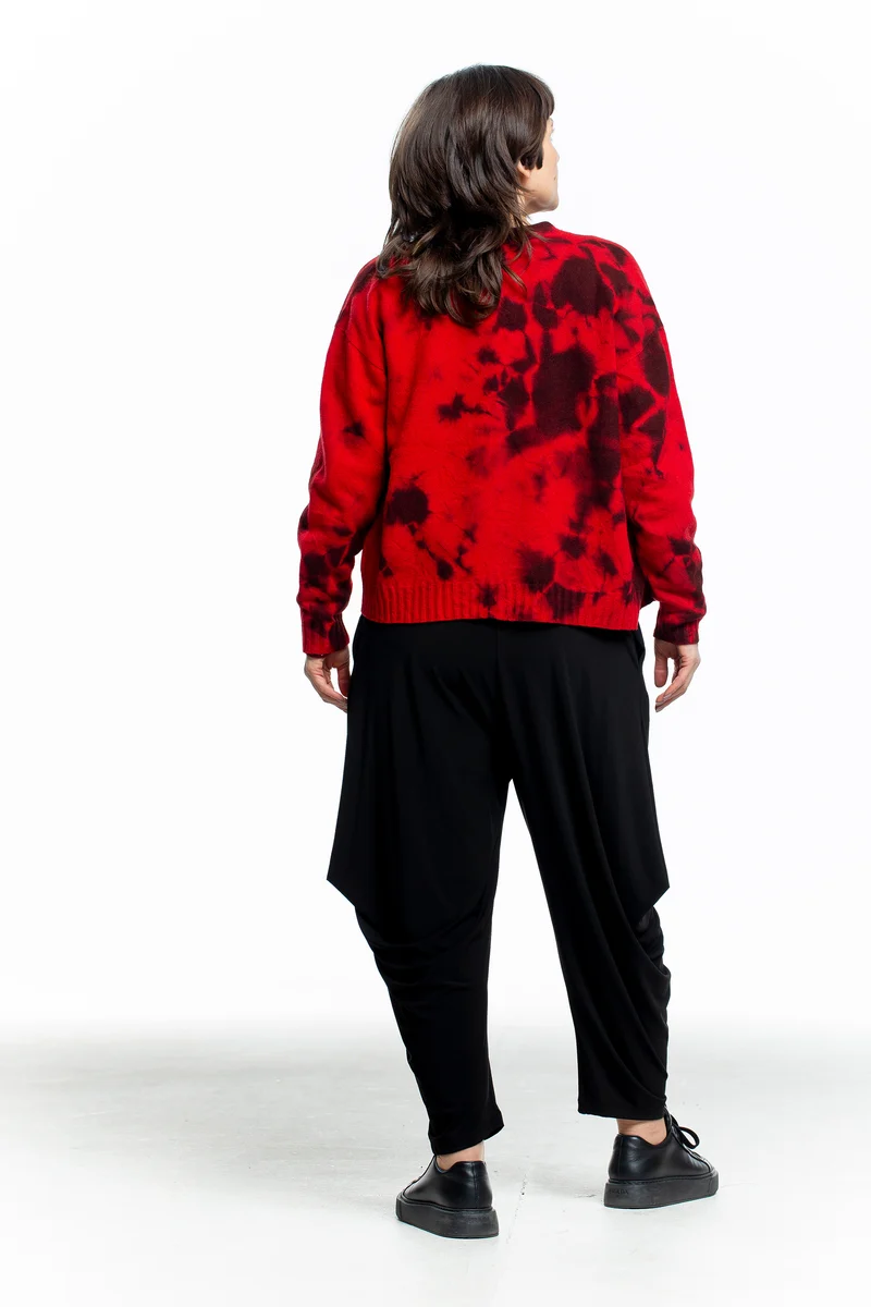 Suzusan Damen Kaschmir Strickjacke mit Print rot schwarz