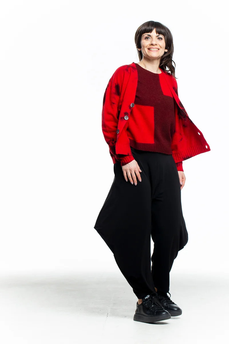 Suzusan Damen Kaschmir Strickjacke mit Print rot schwarz