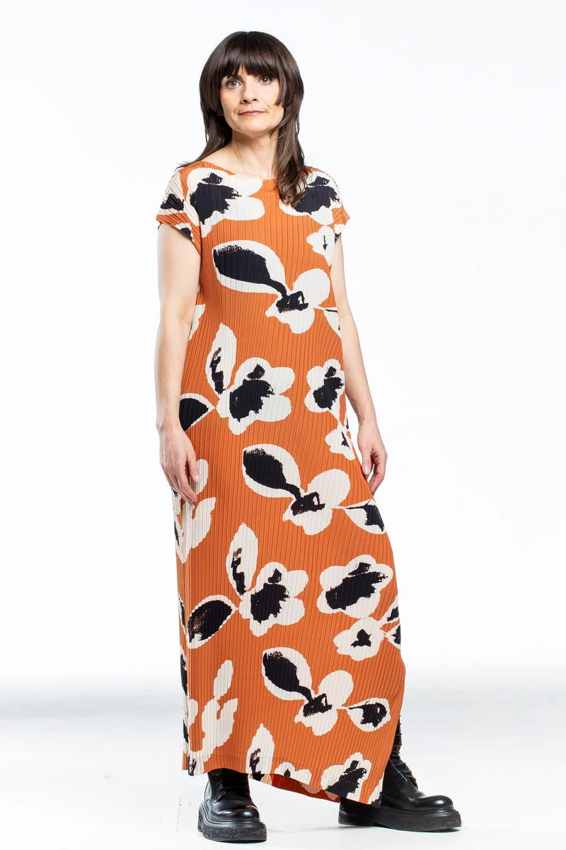 Issey Miyake Avantgarde Damen Kleid VIGOR PLEATS lang orange mit Print