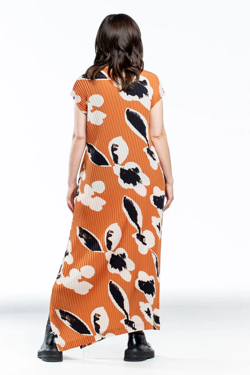 Issey Miyake Avantgarde Damen Kleid VIGOR PLEATS lang orange mit Print