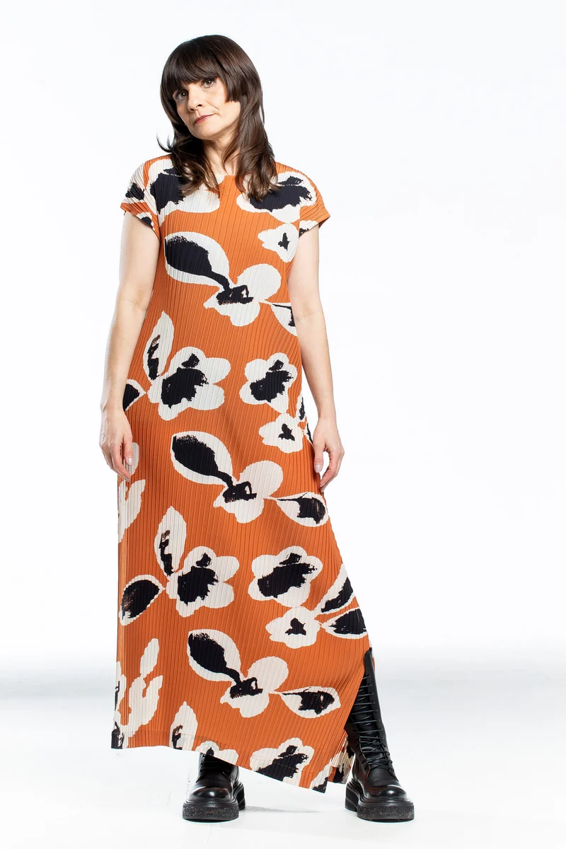 Issey Miyake Avantgarde Damen Kleid VIGOR PLEATS lang orange mit Print