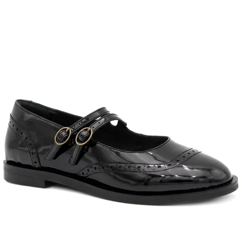 Sansa Leather Mary Janes With Brogue Detailing - SANSA / 329 916 - Black Patent