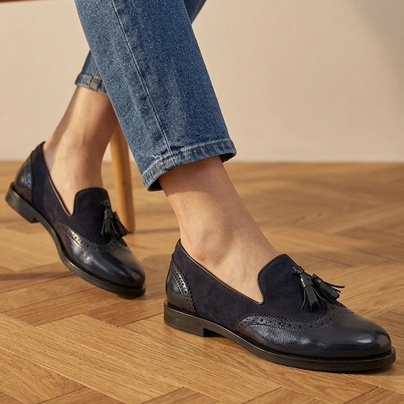 Siri Leather Brogue Detailed Tassel Loafers - SIRI / 329 917 - Navy Patent