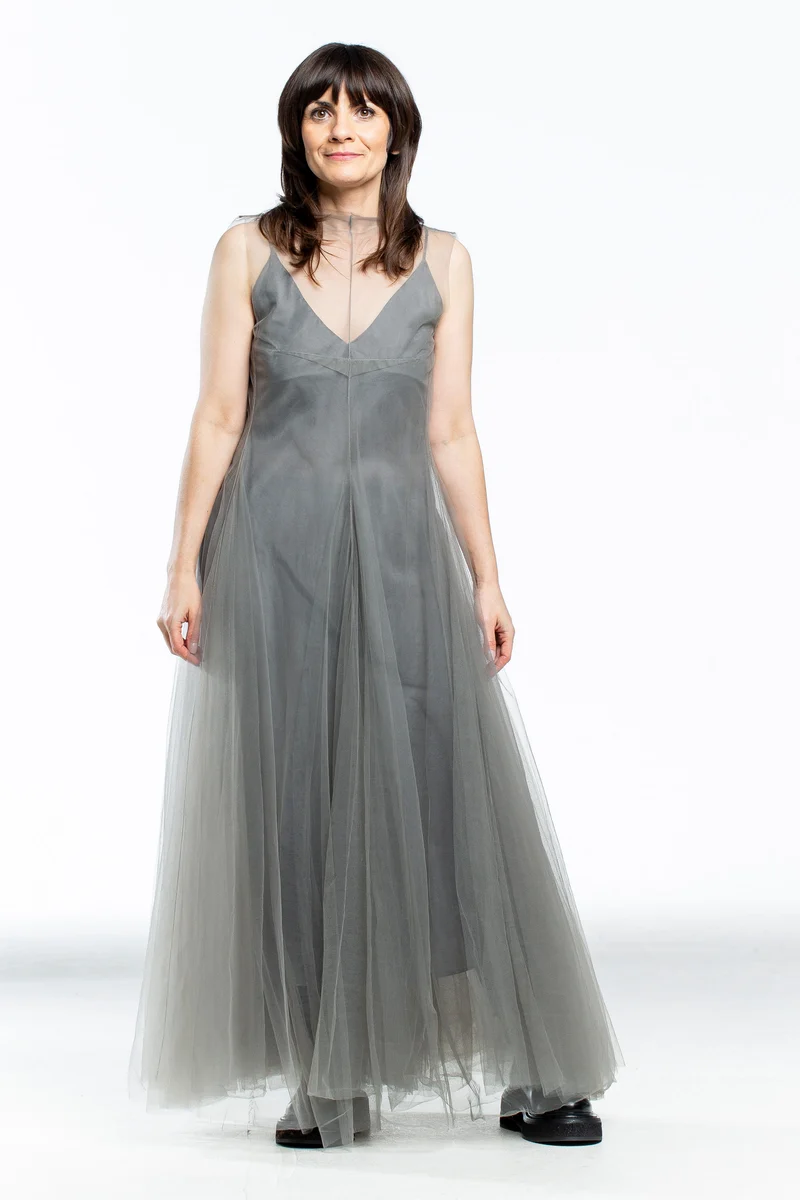 Marc Le Bihan Damen Kleid lang mit Tüll-Applikation grau