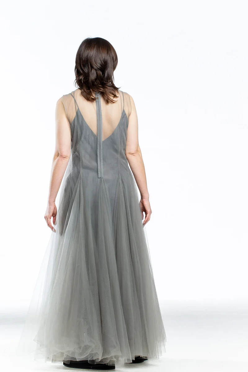 Marc Le Bihan Damen Kleid lang mit Tüll-Applikation grau