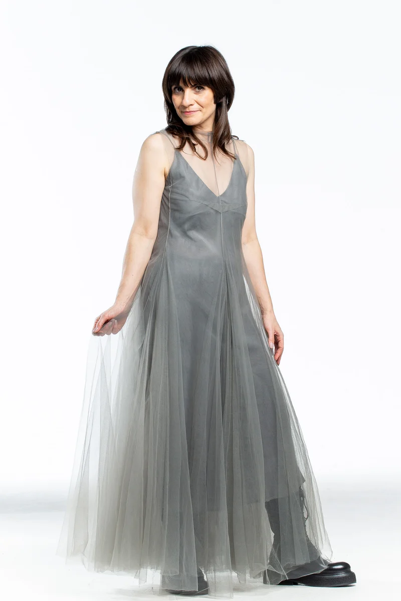 Marc Le Bihan Damen Kleid lang mit Tüll-Applikation grau