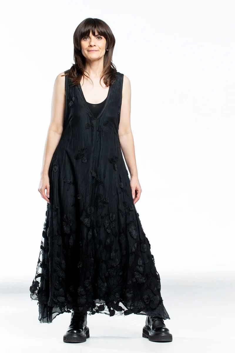 Marc Le Bihan Damen Spitzenkleid Seide lang schwarz
