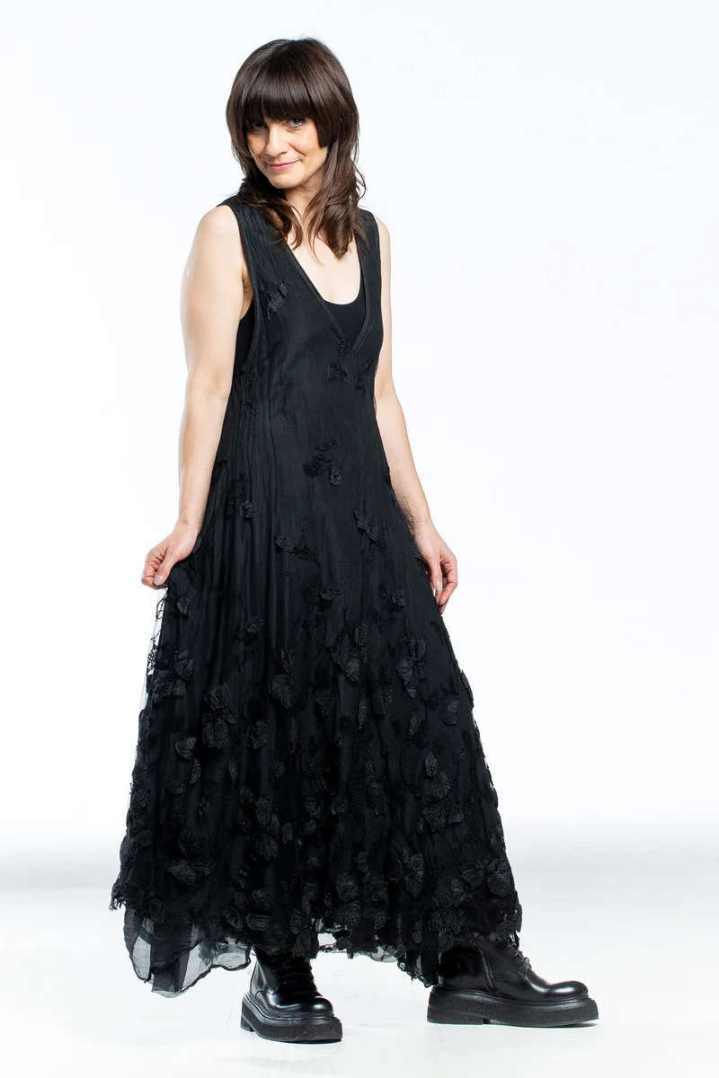 Marc Le Bihan Damen Spitzenkleid Seide lang schwarz