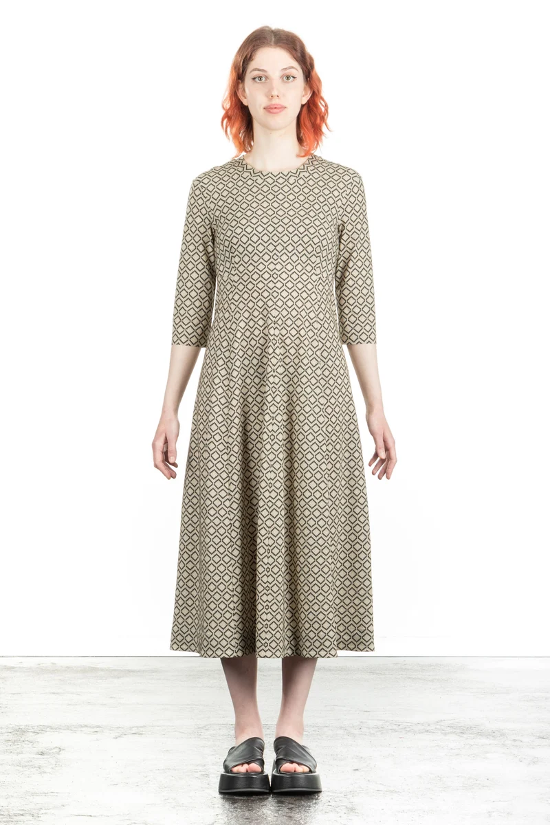 Schella Kann 2 Damen Midi Kleid ausgestellt beige schwarz grafisch