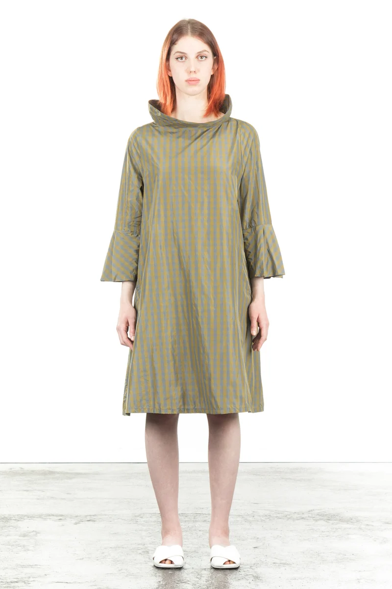 Katharina Hovman Damen Taft Kleid A-Linie ausgestellter Kragen karo olive