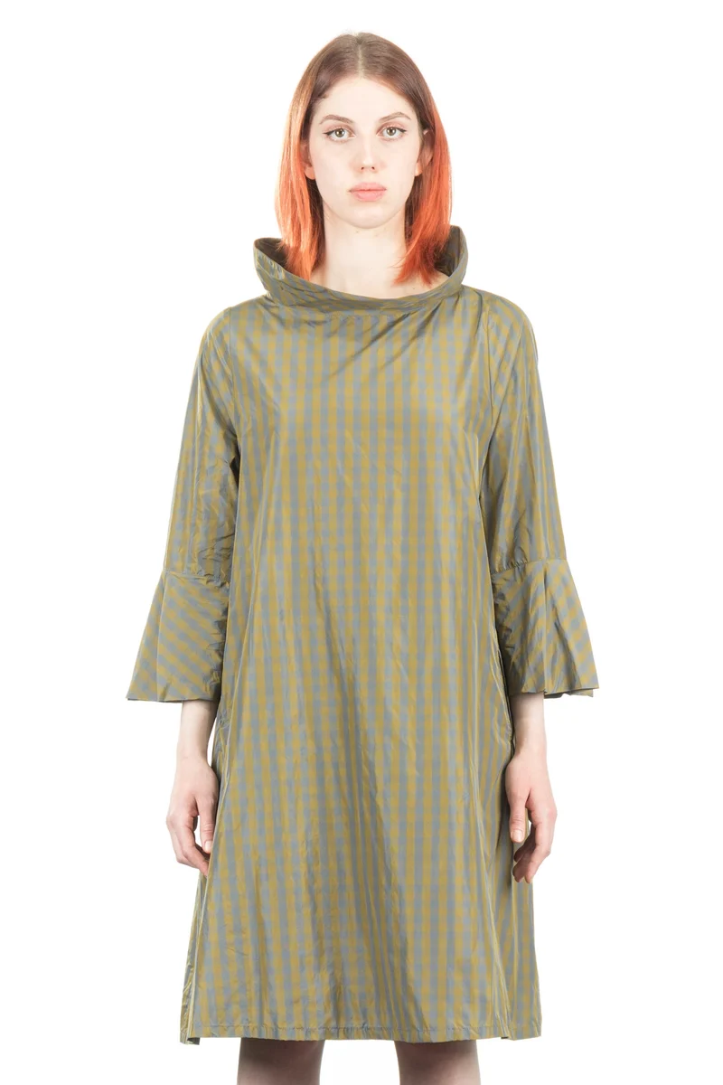 Katharina Hovman Damen Taft Kleid A-Linie ausgestellter Kragen karo olive